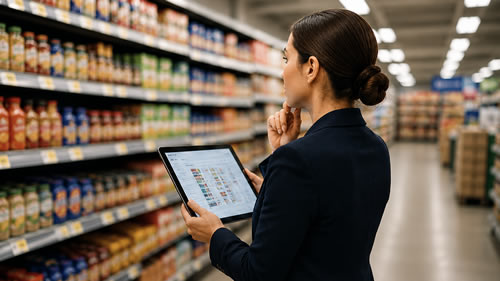 Buyer che analizza scaffali e strategie retail