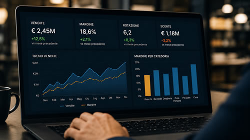 Dashboard professionale con dati, margini e KPI della GDO